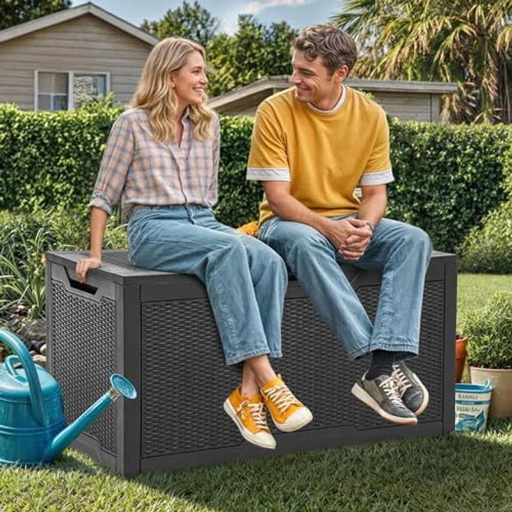 YITAHOME 100-Gallonen-Harz-Deckbox, wetterfest Außenspeicherbox, verschließbarer Innen- und Außenspeicher für Zubehör und Grundbedarf, schwarz – Bild 3