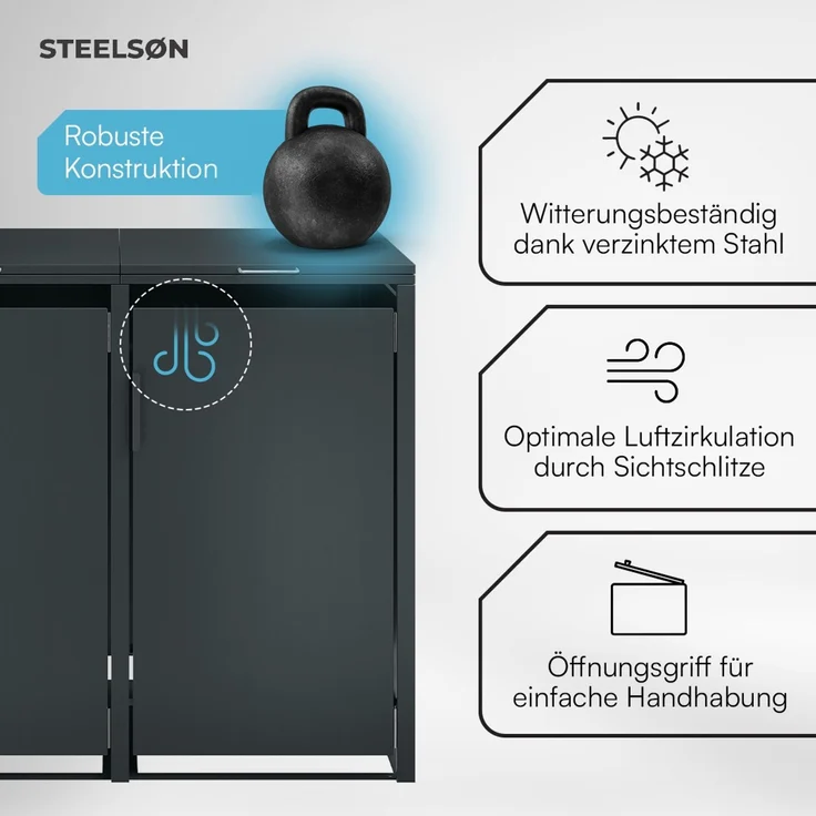 STEELSØN 'Thoria' Mülltonnenbox 3er je 240 Liter, anthrazit, Mülltonnenverkleidung aus Stahl, wetterfest, 116x80x203 cm, Müllbox für 3 Tonnen – Bild 4