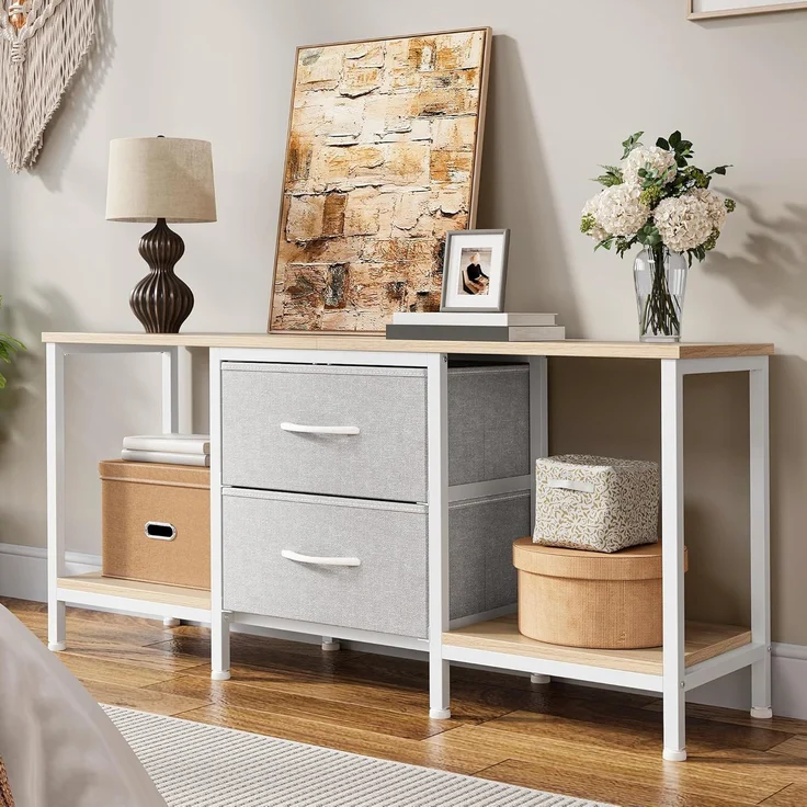 YITAHOME TV Schrank für bis zu 47 Zoll Fernseher, Fernsehtisch Mediaschrank mit 2 Stoffschubladen & 2 Ablagefächern, 110 x 30 x 50 cm Stahlgestell TV Lowboard für Wohnzimmer & Schlafzimmer – Bild 7