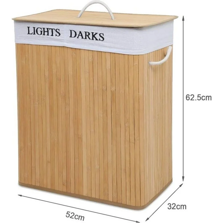 Mondeer Wäschekorb 100L Wäschesortierer aus Bambus (1 St), faltbarer Wäschesammler mit 2 Fächern – Bild 3