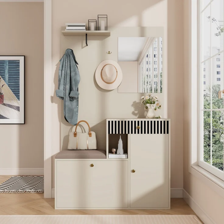 Flurschrank 110x37x185.5cm mit Sitzfläche,Soft-Close,verstellbaren Regalen,Spiegel,Haken,Schubladen,Stauraum,Beige & Creme – Bild 6