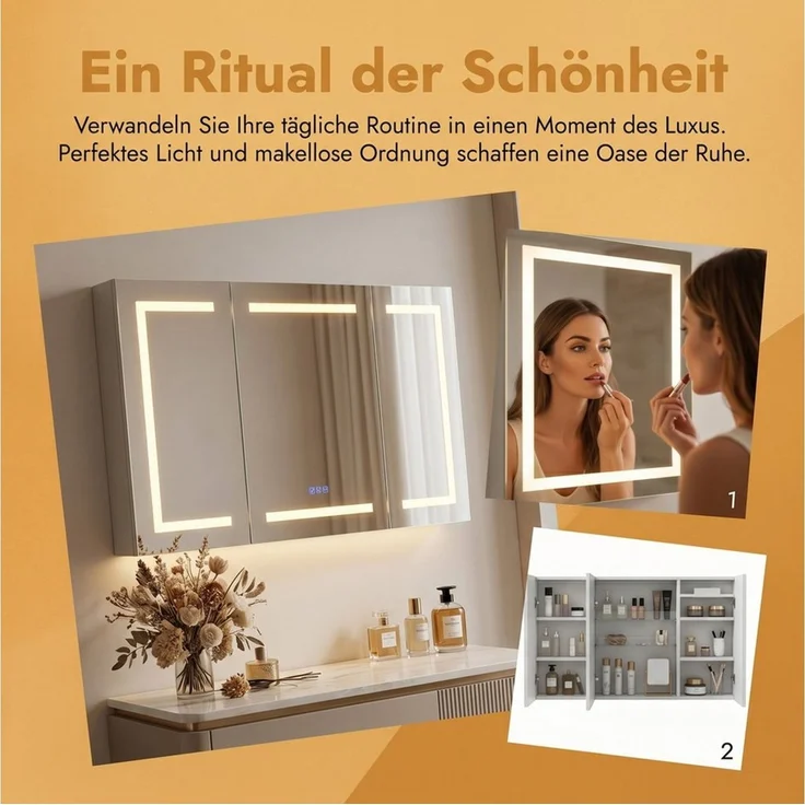PXloue Badezimmerspiegelschrank mit licht Spiegelschrank bad mit beleuchtung (Einstellung der warmen und kalten Farbtemperatur 3000/4500/6400K) inkl. LED-Beleuchtung, Stecker, Touchschalter, Beschlagfrei – Bild 2