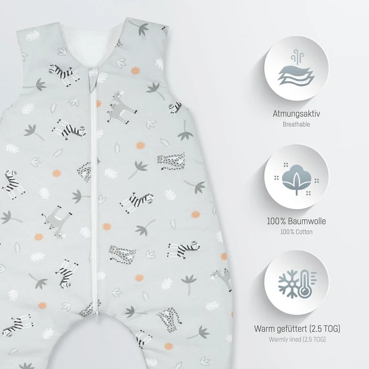 Julius Zöllner Schlafoverall Jumper Jersey, warme Füllung 2,5 TOG, waschbar bei 60°C, Made in Germany, Oeko TEX Standard 100, Savanne grau, Gr. 80 – Bild 2