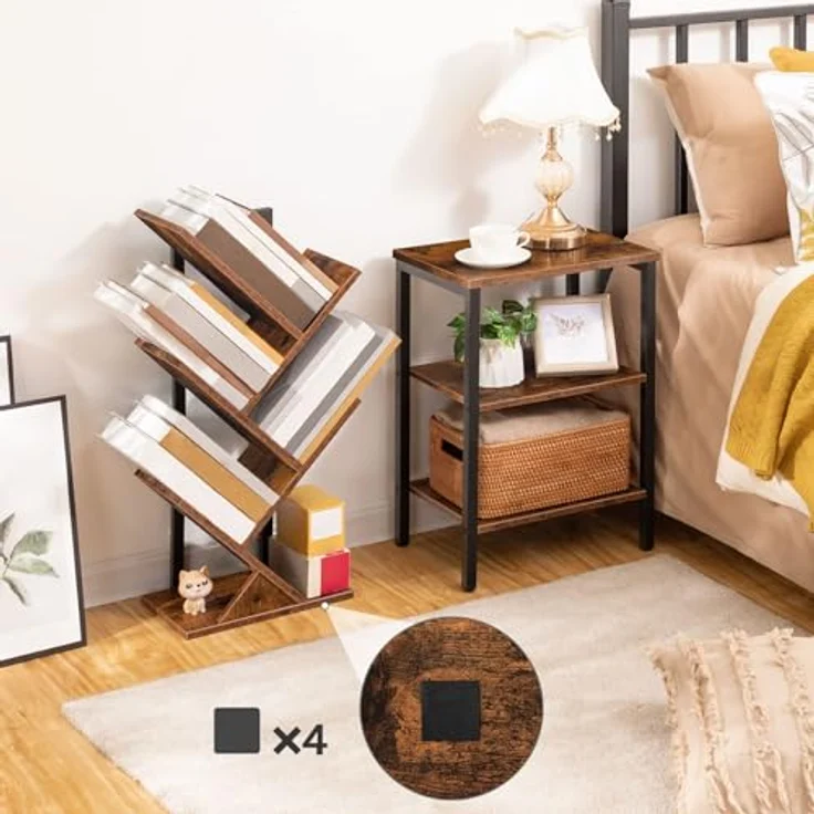 HOOBRO Bücherregal, Standregal mit 4 Ebenen, Holz DVD Regal, in Baumform, Metallgestell, für Wohnzimmer, Arbeitszimmer, Kinderzimmer, Vintagebraun EBF04SJ01G1 – Bild 8