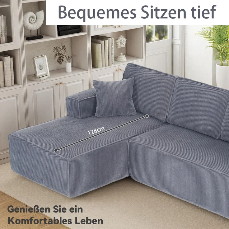 LVHOM L-Form Ecksofa mit Chaiselongue, 3-Sitzer Sofa mit 2 Kissen, Cloud Sofa aus Cordstoff, kein Aufbau erforderlich, Skandinavisches Design, Grau – Bild 8
