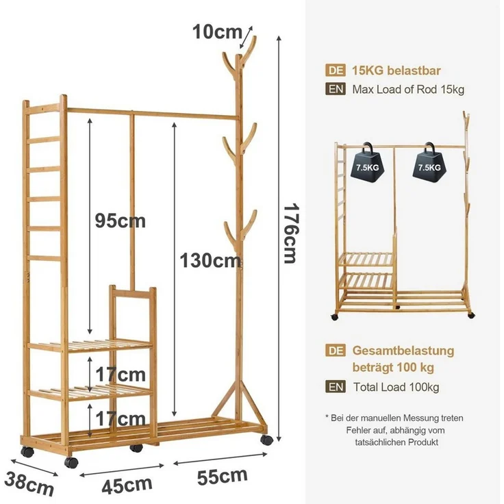 Yorbay Kleiderständer Garderobenständer aus Bambus, (mit Rollen, mit Kleiderstange, 3 Ablagen und 6 Kleiderhaken), Kleiderständer 100 x 38 x 176 cm für Flur, Wohnzimmer, Schlafzimmer – Bild 2
