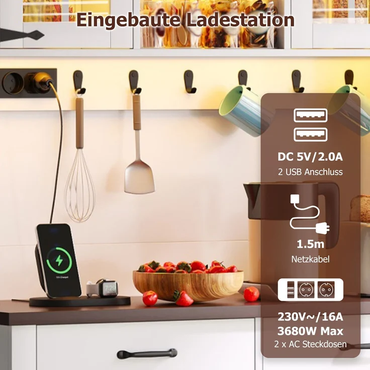 Küchenschrank, Buffetschrank, Sideboard mit Steckdose und LED-Beleuchtung, Küchenmöbel mit Arbeitsplatte, 6 Schubladen, verstellbare Einlegeböden, Haken, 180 × 108 × 40 cm, Weiß – Bild 5