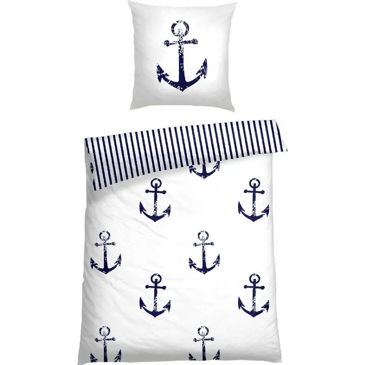 Schiesser Wende-Bettwäsche-Set Marina aus weicher Baumwolle in maritimem Look, Farbe:Weiß und Marine, Größe:135x200 cm + 80x80 cm