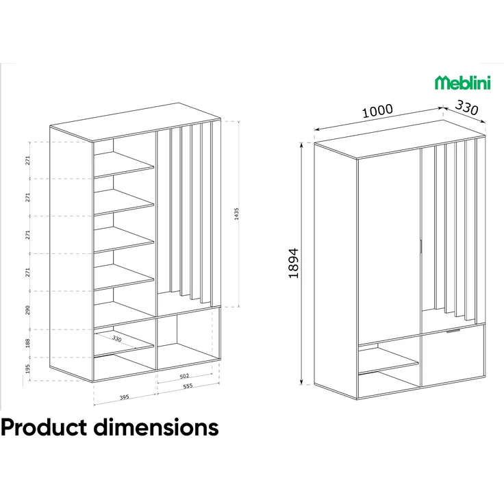 MEBLINI Garderobenschrank Flur mit Spiegel - MILANO UNI - 100x33x190cm R/L - Grün mit Sitzbank - Garderobe Schrank - Flurgarderobe schmal - Garderobe Flur Möbel Set - Flurschrank hoch – Bild 7