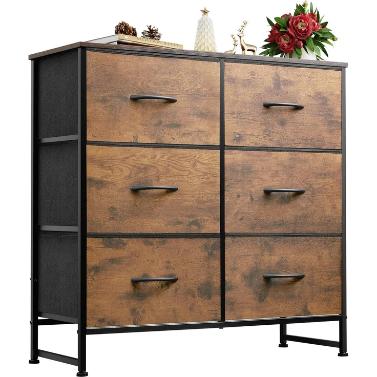 WLIVE Kommode mit 6 Schubladen aus Stoff, Kommodenschrank für Schlafzimmer, Kommode Wohnzimmer, mit Stabiler Stahlrahmen, Holzplatte, Vintagebraun-Schwarz – Bild 1