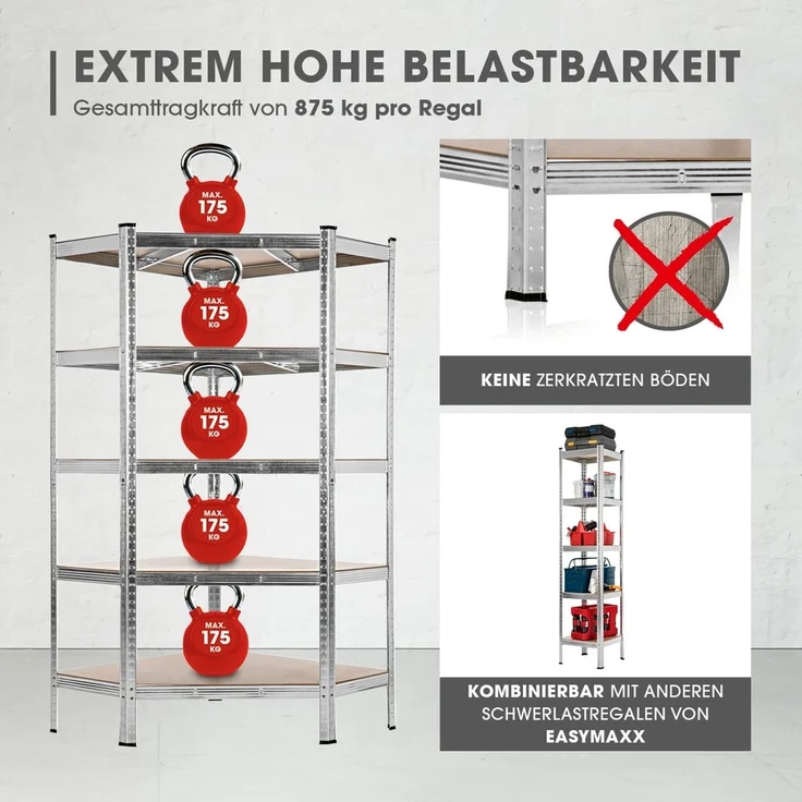 EASYmaxx Schwerlastregal 180 x 90 x 40 cm | Eckregal & 2 Lagerregal | 2625 kg Traglast, 175 kg pro Ebene | Regal und Werkbank | Kellerregal, Lagerregal mit 15 verstellbaren Ablagen – Bild 3
