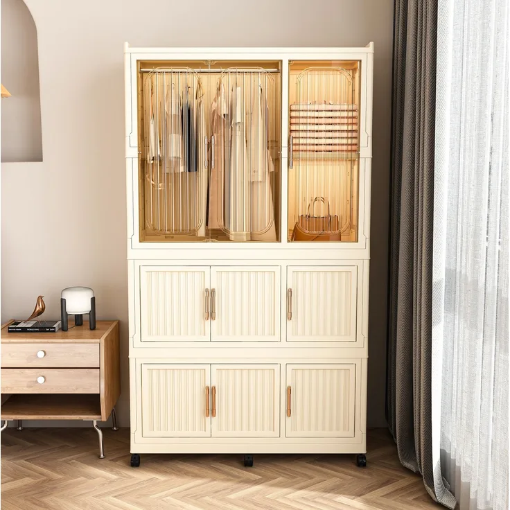 Kleiderschrank aus Kunststoff, faltbar mit 9 Magnettüren, 92x45x158 cm, Cremeweiß