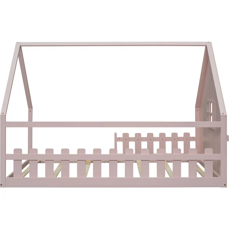 Kinderbett Hausbett 140x200 cm mit Geländer,Montessori Holzbett aus Kiefernholz, Kinder Haus-Bett mit Dachrahmen,Rosa – Bild 8