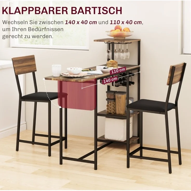 3-tlg. Bartisch-Set, ausziehbar mit Weinablage, 110/140x40x116 cm, Braun – Bild 7