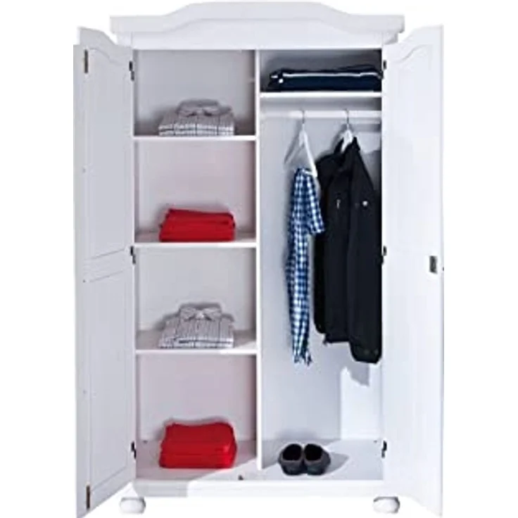 Dmora Zweitüriger Kleiderschrank mit wasserlackierten Regalen aus massivem Kiefernholz, Farbe Weiß, 104 x 180 x 56 cm. – Bild 4