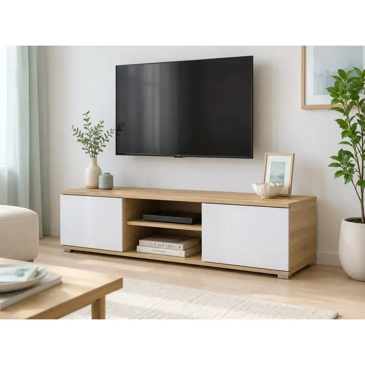 Sleepyshop24 TV-Lowboard 120 cm Sonoma Eiche & Weiß | Moderner Fernsehtisch mit 2 Türen | Kompakter TV-Schrank für Wohnzimmer & Jugendzimmer – Bild 2