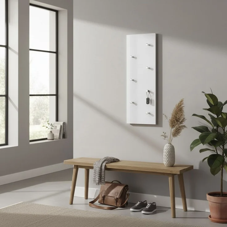 Haku Wandgarderobe mit 7 Haken, MDF weiß Hochglanz mit Garderobenknöpfen in Chrom-Optik, Hoch- und Querformat, 80x6x30 cm – Bild 2