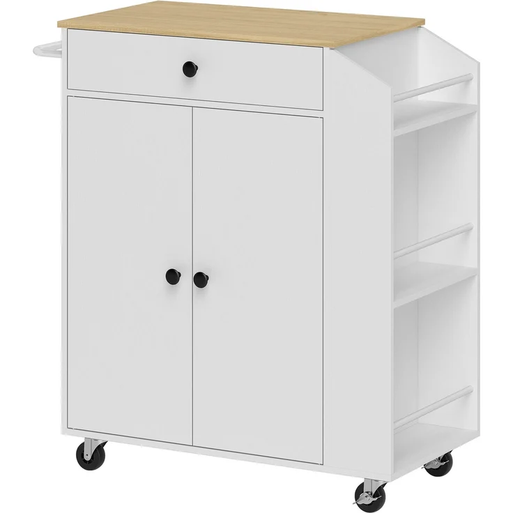 Küchenwagen 82cm×38cm×86.5cm mit Rollen, Schublade und Schrank – weiß mit Arbeitsplatte in Eichenholzdekor – Bild 2