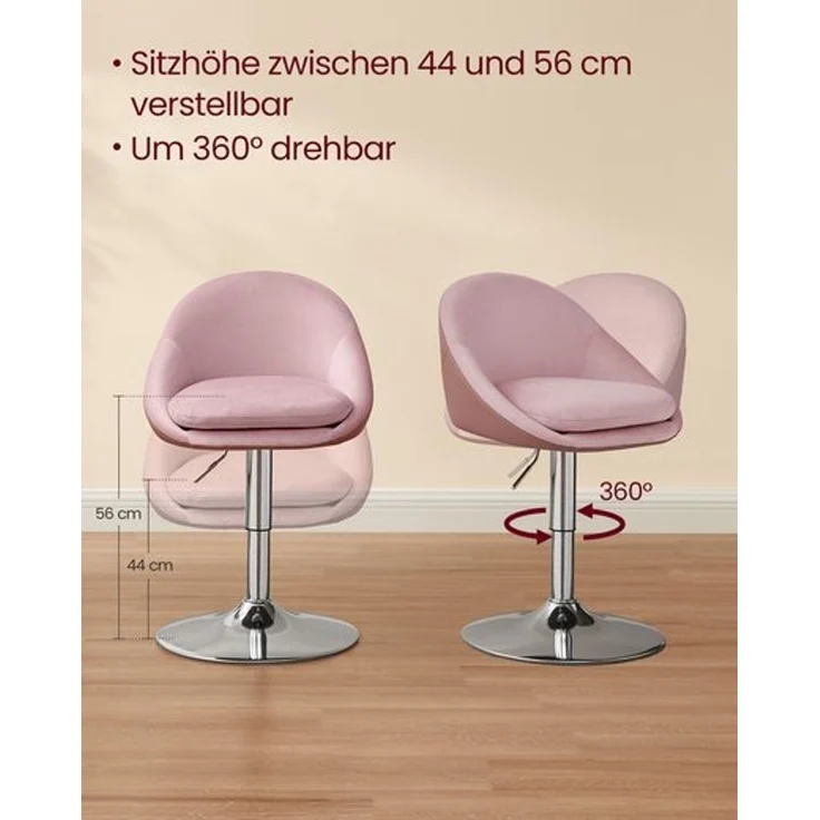 VASAGLE Stuhl verstellbar, Schminkstuhl, Bürostuhl, drehbar, Barhocker mit Rückenlehne und Sockel, Stahl, für Theke, Büro, Schminktisch, Esszimmer, 52,5x50 x (81,5–93,5) cm – Bild 3