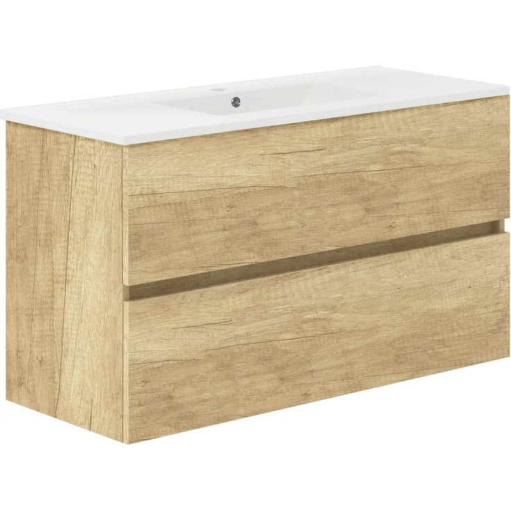 Baikal, Natura Badezimmermöbel mit reduziertem Boden, mit Keramikwaschbecken, Aufteilung mit Zwei Schubladen, montierter Schrank, Zwei Schubladen ohne Spiegel, Tiefe 39 cm, 100 cm, Natur