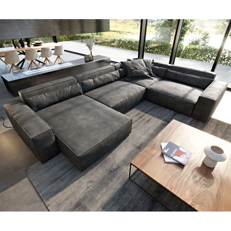 Wohnlandschaft Sirpio XL 360x260 cm Lederimitat Vintage Anthrazit Recamiere variabel