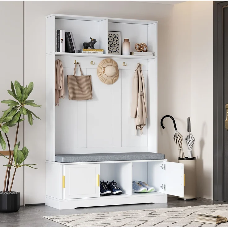 Garderobenständer 120 x 40 x 191 cm mit Schuhbank und 6 Haken, Weiß – Bild 1
