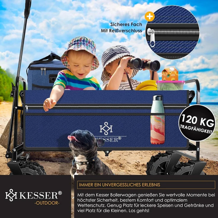 KESSER® Bollerwagen faltbar mit Breite Reifen Handwagen Transportkarre Gerätewagen | inkl. 2 Netztaschen | klappbar | Kunststoff-Reifen | bis 150 kg Tragkraft transportwagen Gartenanhänger Blau/Grau – Bild 9