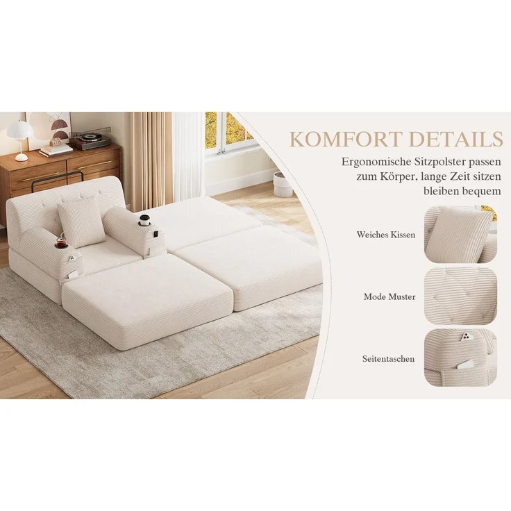 ZUBALIYA Schlafsofa 162x81 cm, mit Stauraum, mit Samtbezug, mit Cordbezug, mit Knopfheftung, mit breiten Armlehnen, Beige – Bild 10