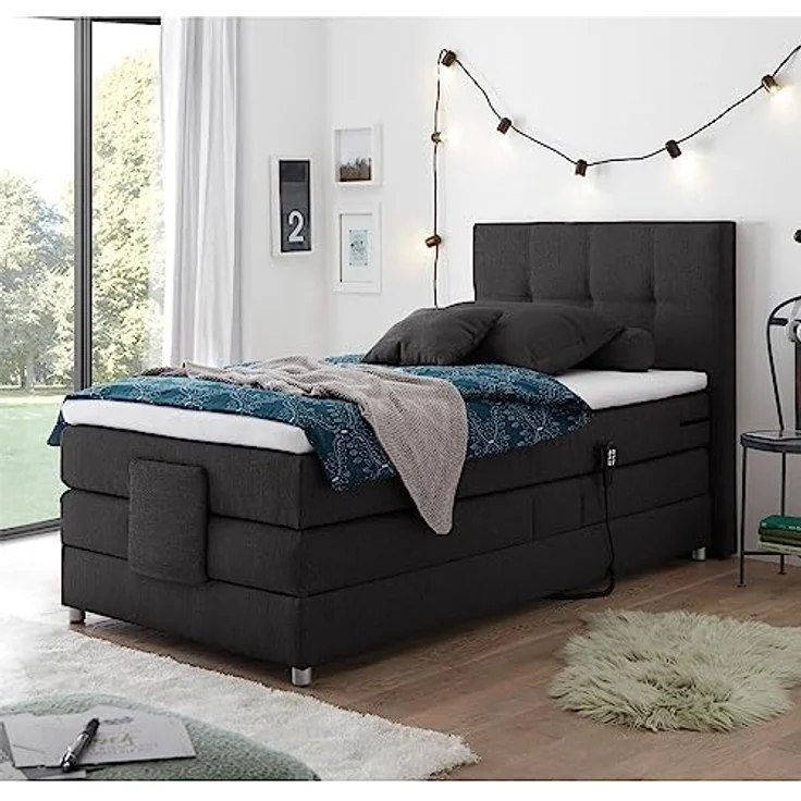 Lomadox Boxspringbett MANAUS-09, Jugendbett 120x200 cm, anthrazit, elektrisch verstellbar, Taschenfederkern-Matratze – Bild 1