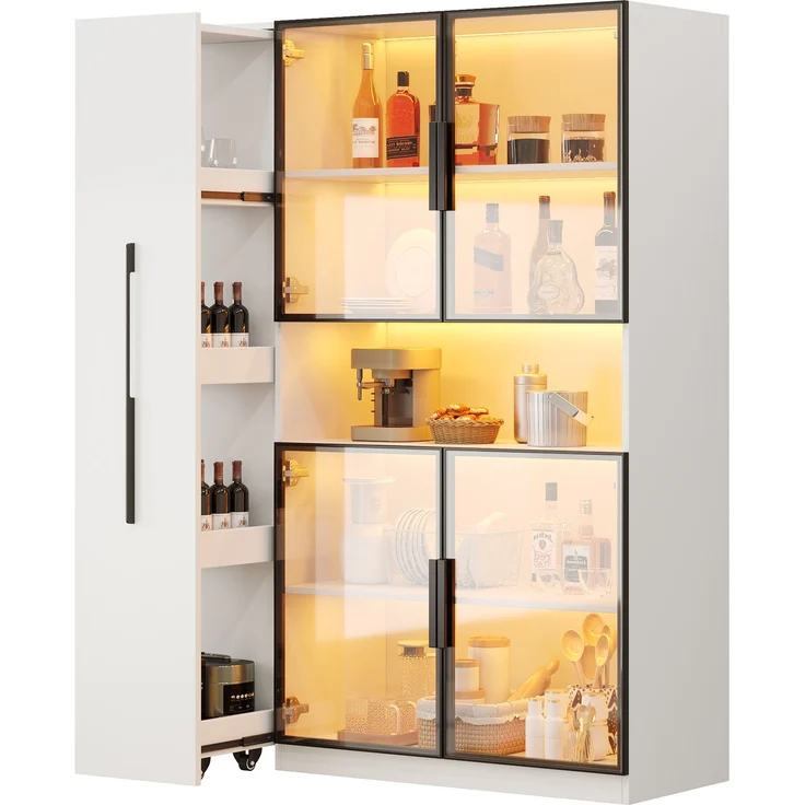Glasvitrine110×35×160cm, weiß mit LED-Beleuchtung – mit ausziehbaren Regalen, vertikaler Vitrine mit Schubladen und vielseitigen Aufbewahrungsmöglichkeiten für Wohnzimmer, Küchen und Arbeitszimmer.--Weiß--110x35x160cm--YOUDENOVA – Bild 5