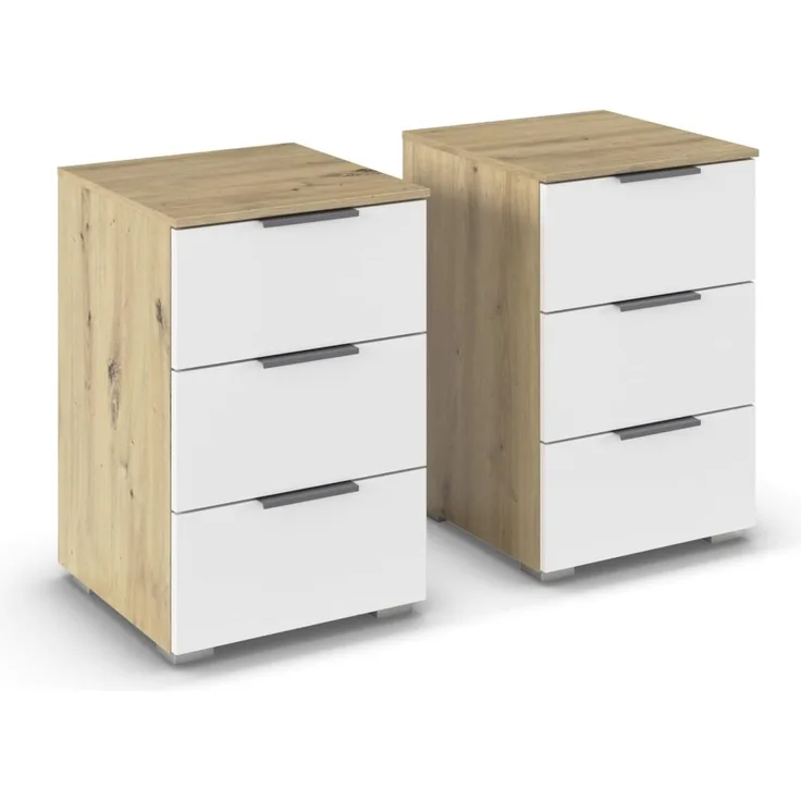 Rauch Möbel Alabama, Nachttisch-Paar für Schlafzimmer, Kinderzimmer, Gästezimmer, mit je 3 Schubladen, Soft-Close-Funktion, Farbe Weiß/Eiche Artisan, Holz, Griff Grau metallic, Maße 40 x 61 x 42 cm