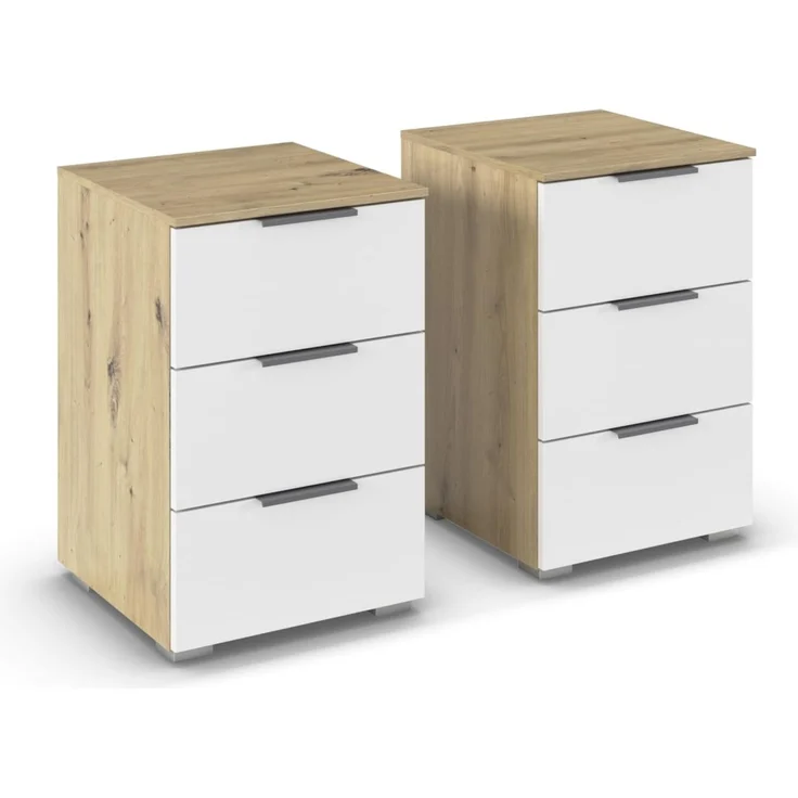 Rauch Möbel Alabama, Nachttisch-Paar für Schlafzimmer, Kinderzimmer, Gästezimmer, mit je 3 Schubladen, Soft-Close-Funktion, Farbe Weiß/Eiche Artisan, Holz, Griff Grau metallic, Maße 40 x 61 x 42 cm