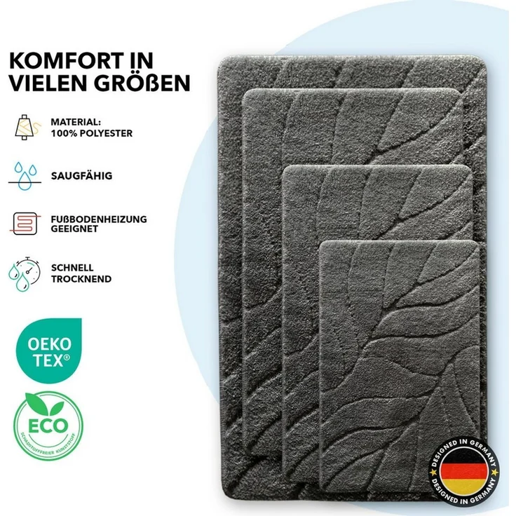 Floordirekt Badematte Maris – Flauschiger Badteppich, Blattstruktur, rutschfest & waschbar, rutschhemmend beschichtet, fußbodenheizungsgeeignet, schnell trocknend, Polyester, für Fußbodenheizung geeignet, dichter Flor, 40x60 cm, Dunkelgrau – Bild 3