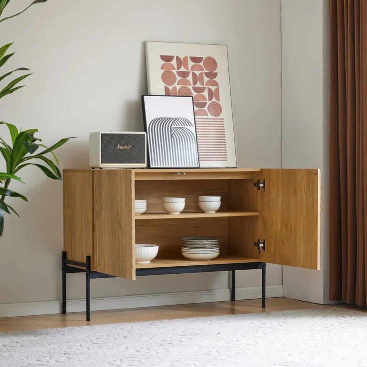 Sideboard Modern Mit Verstellbarem Regalbrett Metallrahmen Natur Farbe 100cm Breit Mit Kippsicherung Aufbewahrungsschrank Kommode Für Wohnzimmer Schlafzimmer Flexible Stauraumlösung, 75cmx40cmx100cm, Natur – Bild 3