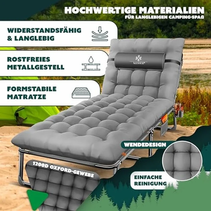 KESSER Campingbett klappbar mit Tragetasche, Nackenkissen, Vakuumtasche & Getränkehalter, Oxford-Gewebe anthrazit / grau, 68 x 190 x 30 cm – Bild 6