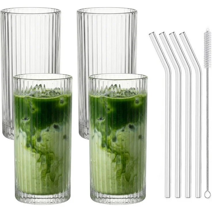 mixed24 Gläser-Set 4er Set Geriffelte Gläser 370ml inkl. Glashalm, ideal für Iced Matcha Latte, Latte Macchiato, Cocktails, Smoothies – Bild 5