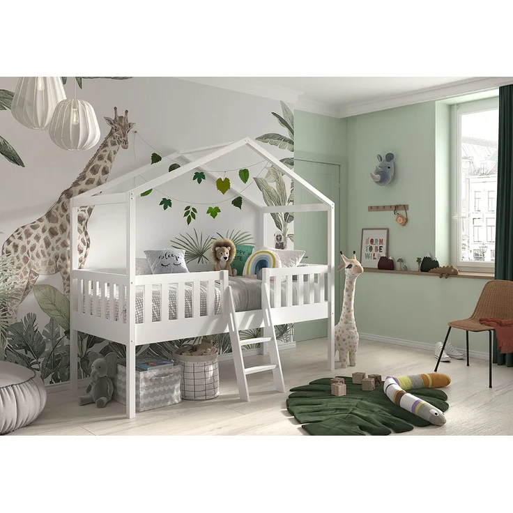 Hausbett mit Leiter Kapua 209x120x202 Kinderbett Massivholz Weiß – Bild 4