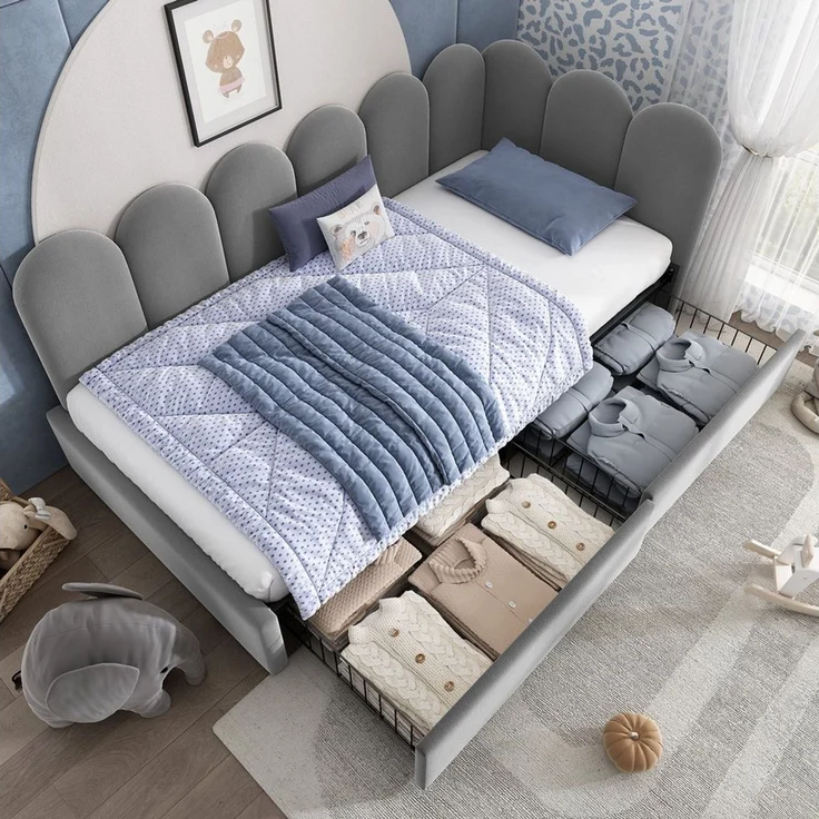 Odikalo Schlafsofa Polsterbett 90x190 Schlafcouch mit Schubladen, mit Schubladen Stauraumbett Samt Daybett Tagesbett Schlafsofa 90x190cm mit Lattenrost Jugendbett und Erwachsene Kinderbett,Grau(Ohne Matratze) – Bild 2