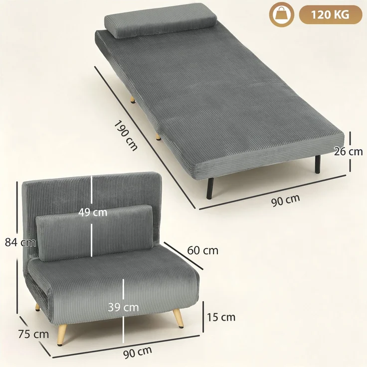 MELAYR, Schlafsessel 3 in 1 Schlafsofa mit Bettfunktion, 90x190cm Dunkelgrau – Bild 5