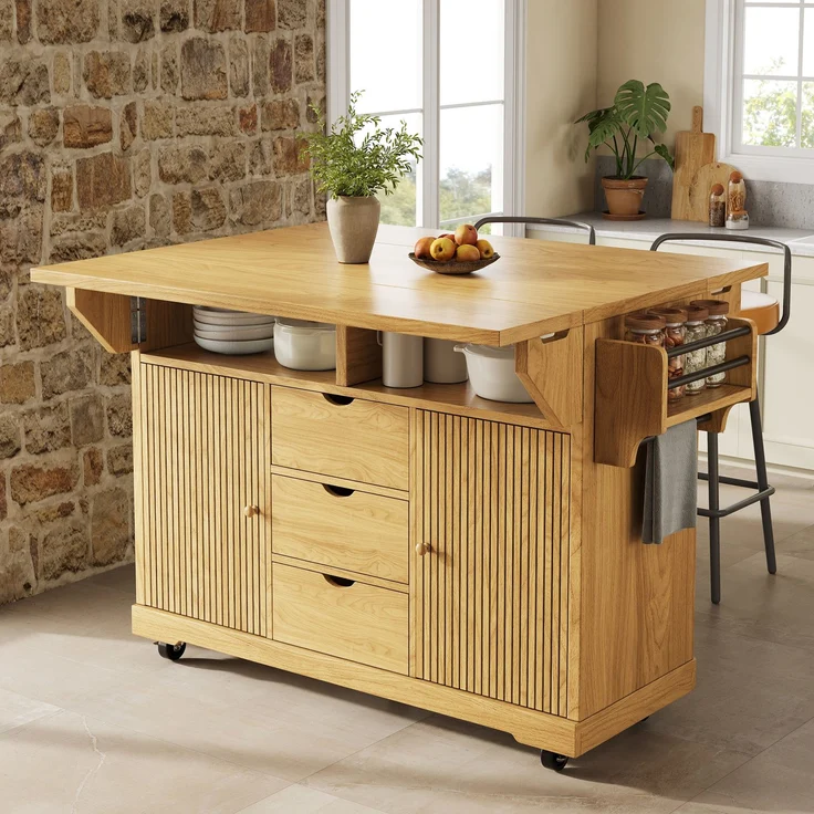Ausklappbarer Küchenwagen B 142,5 x T 80 x H 95 cm aus MDF und Metall, mit 3 Schubladen – Bild 3