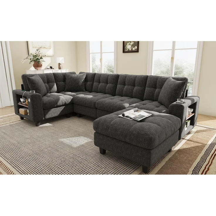 ZUBALIYA Modulare Wohnlandschaft, mit Stauraum, mit USB-C-Anschluss, modular kombinierbar, mit Getränkehaltern, mit Hocker, H 83 × T 216.5 × B 216.5 cm, Grau, Chenille – Bild 20