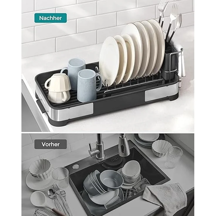 SONGMICS Abtropfgestell klein, Geschirr-Abtropfgestell für Spüle, Abtropfständer, Abtropfgitter Edelstahl, Abtropfschale, Besteckhalter, Tassenhalter rostfrei, für Geschirr, silbern-schwarz KCSDE034B01 – Bild 3