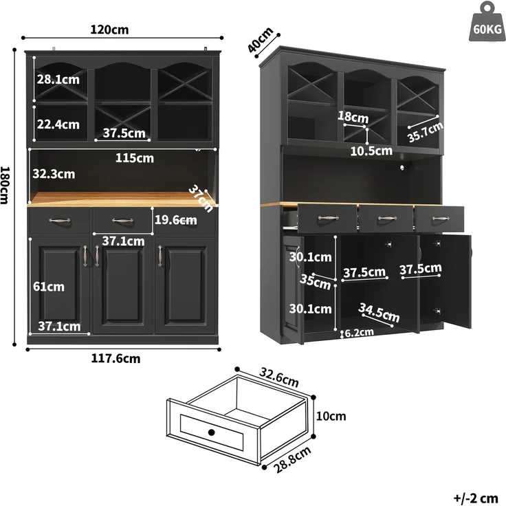 EINHOM Küchenschrank (120 x 40 x 180 cm), Hohes Küchenbuffet, Mehrzweckbuffet, Snackschrank, Aufbewahrungsmöbel mit drei Türen, Drei Schubladen und LED-Beleuchtung, Schwarz – Bild 2