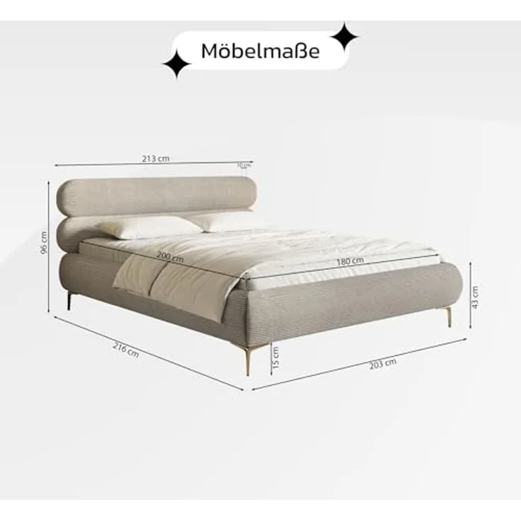 Selsey Polsterbett 180x200 cm Cord Hellbeige – Bett mit Stauraum und Bettkasten, gepolstertes Bett mit Lattenrost und Metallrahmen, Doppelbett Schlafzimmer mit schwarzen Füßen und Gasdruckfedern – Bild 3