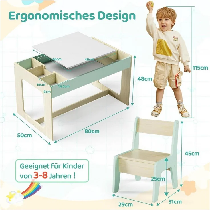 TLGREEN Kindertisch mit 2 Stühlen, Kindersitzgruppe (Kinder Tisch Stuhl Set mit wendbarer Tischplatte, 80 x 48 x 48 cm), Kinderschreibtisch für Schule, Kindertagesstätte, Kinderzimmer – Bild 3