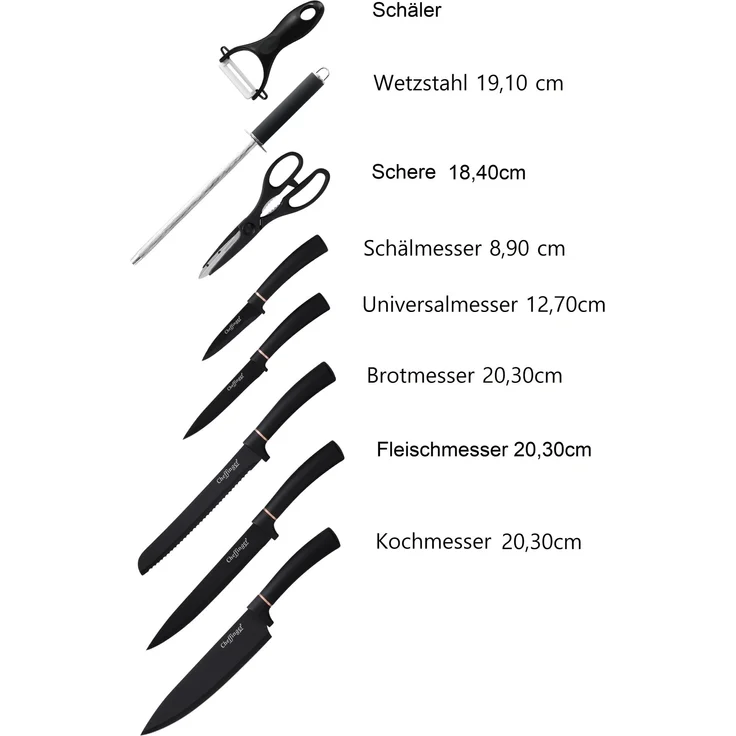 9 tlg Messerset Kochmesser Messerständer drehbar aus Edelstahl Set in Schwarz – Bild 3