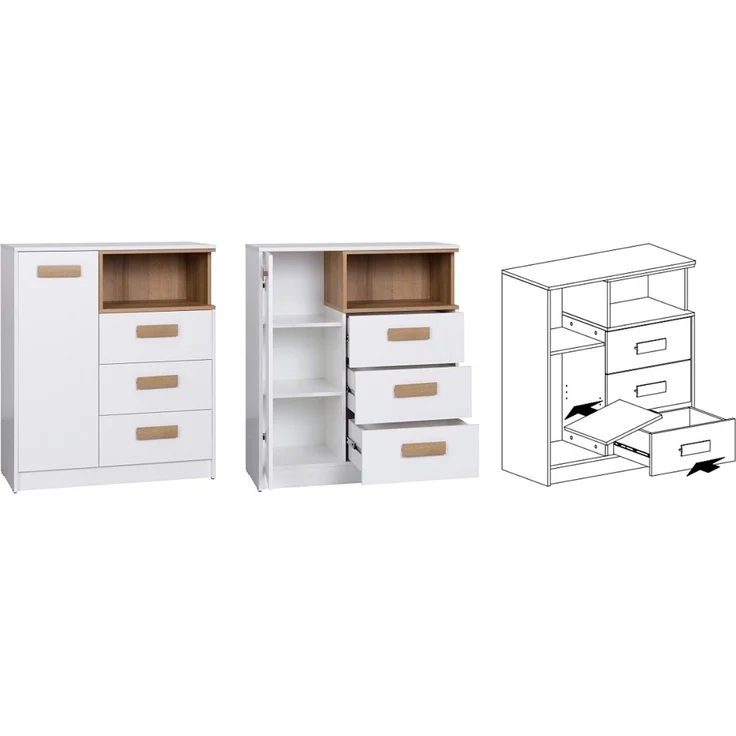 Marmex Möbel Grant Set-10 Komplettes Jugendzimmer-Set, 8-teilig, mit hohem Eckschrank, Kommode mit Schubladen, Kinderzimmermöbel mit Schreibtisch, laminierte Spanplatte, weiß+riviera Eiche, 341/91x235x55 cm – Bild 2
