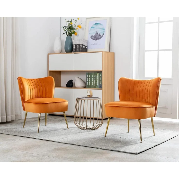 Sessel Samt Loungesessel Ohrensessel Metallbeine Orange – Bild 7
