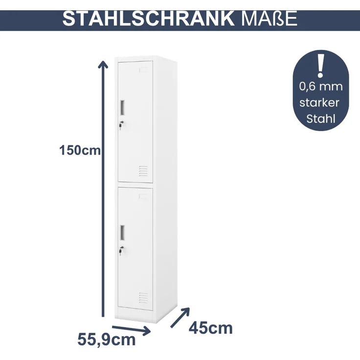 Umkleideschrank Spind TOKIO - 2 Abteile, Etikettenhalter Lüftungsschlitze | Umkleidespind Schließfachschrank Garderobenspind, 185 x 31,7 x 45 cm Weiß – Bild 2