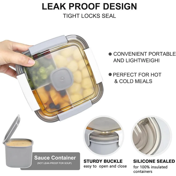 Lunchbox auslaufsicher Bento Box 3 Fächer Salatbehälter 1500 ML Grau – Bild 6